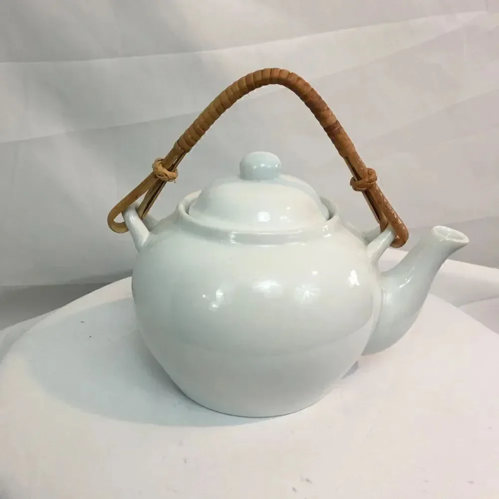 Pier 1 Sakai Bamboo Handle White Porcelain Teapot